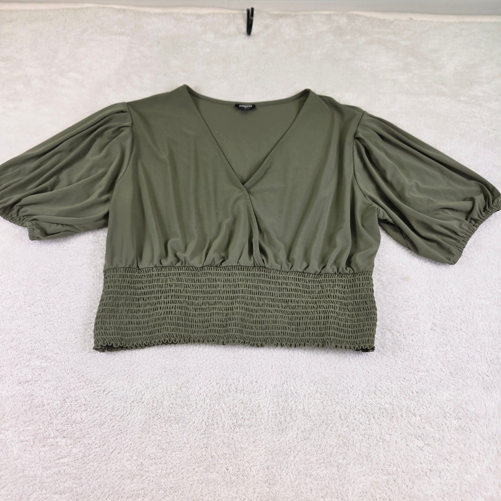 Express Olive Green Surplice Knit Top XL Long Sleeve Elastic Cuff Blouse